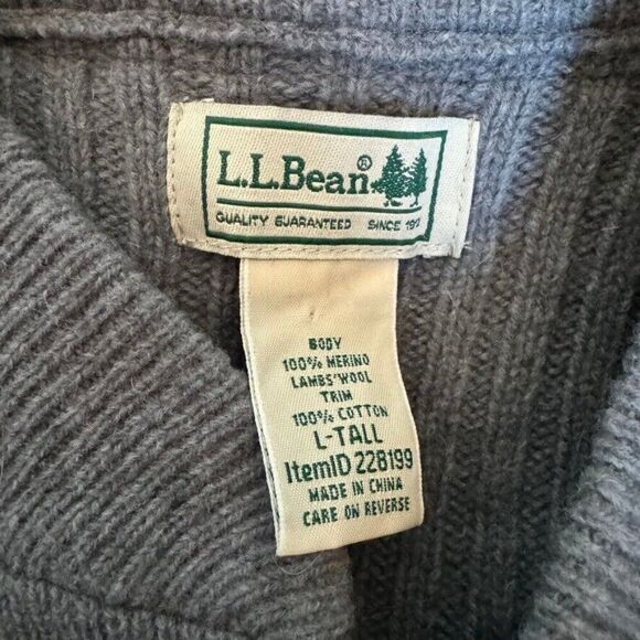 LL Bean Mens Gray 100% Merino Wool Ribbed Henley Elbow Patch Sweater Sz L Tall - Picture 6 of 6